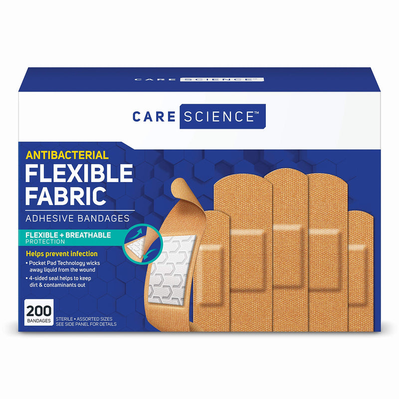 Care Science Fabric Adhesive Bandages, 200 ct Bulk Assorted Sizes | FSA HSA Eligible | Flexible + Breathable Protection for First Aid and Wound Care 200 Count (Pack of 1)