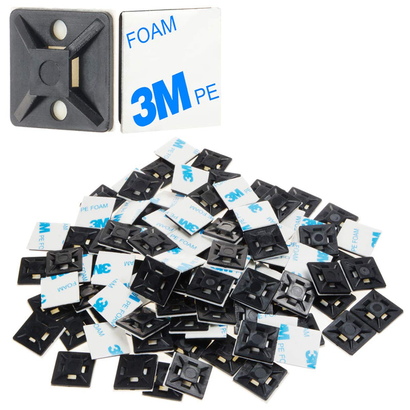 XHF 100 PCS 3/4" Black Self Adhesive Cable Zip Tie Mounts Wire Cable Clips Holders Management Anchors Organizer Holders Squares(HS-101S) 3/4"-100pcs