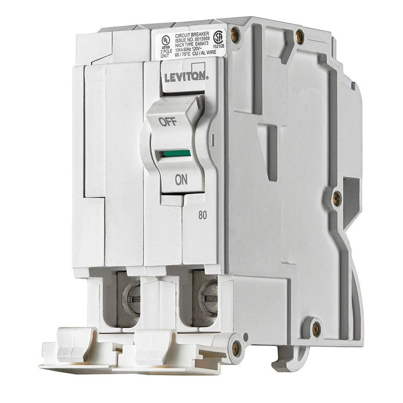 Leviton 80A 2-Pole Plug-On Standard Branch Circuit Breaker, Hydraulic Magnetic, 120/240 VAC, LB280, White 80-Amp