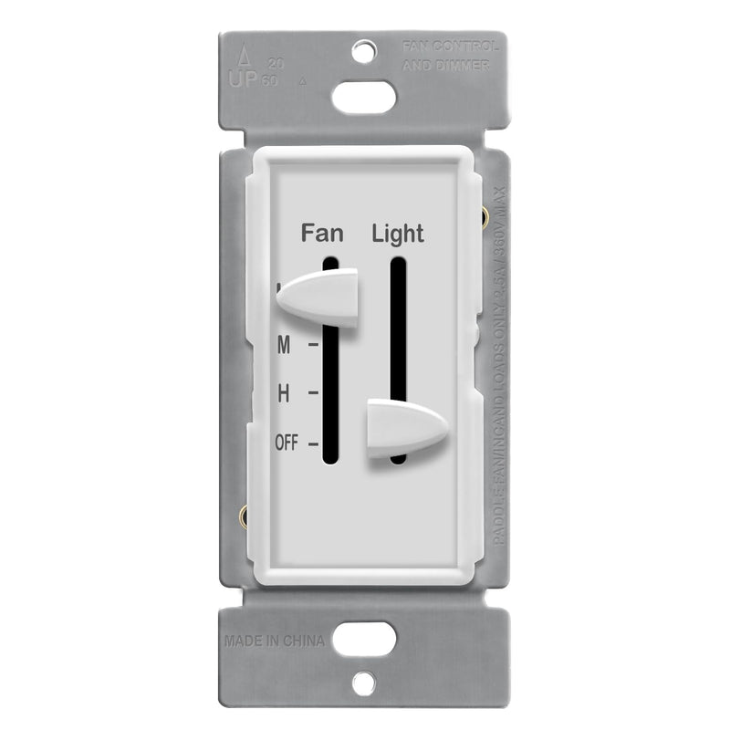 ENERLITES 3 Speed Ceiling Fan Control and LED Dimmer Light Switch, 2.5A Single Pole Light Fan Switch, 300W Incandescent Load, No Neutral Wire Required, 17001-F3-W, White 1 PACK