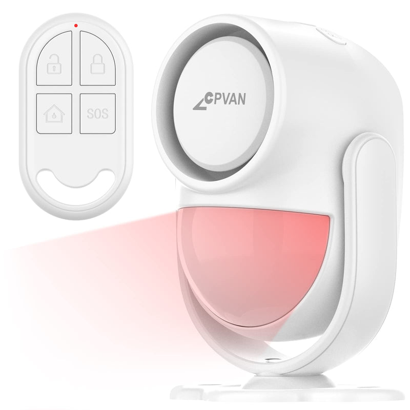 CPVAN 125dB Loud Motion Sensor Alarm with 328ft Remote Control (40ft PIR Detector, Batteries), Indoor Wireless Infrared Security Motion Detector with Siren for Home Garage Van (CP2 Pro, Whtie) White