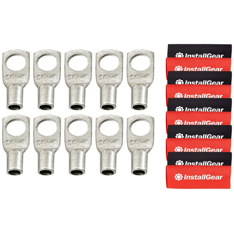 InstallGear 10 Gauge AWG Tinned Pure Copper Lugs Ring Terminals Connectors with Heat Shrink - 10-Pack | Electrical Connectors, Heat Shrink Wire Connectors for 10 Gauge Wire 10 AWG - 1/4" Ring
