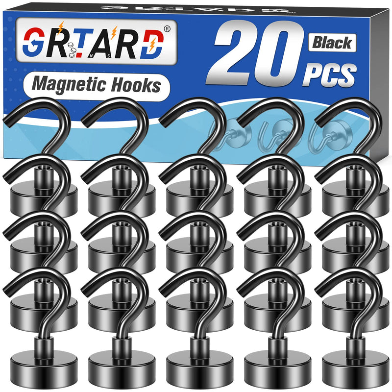 Grtard 20 Pack 25LBS Black Magnetic Hooks Neodymium Magnet Hooks, Strong Magnetic Hooks for Hanging, Magnets with Hooks for Home, Kitchen, Workplace, School, Office-Diameter 16mm 25lbs-20pcs
