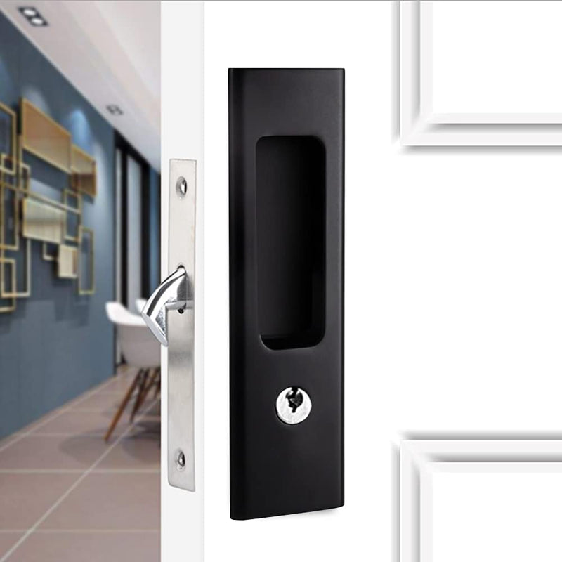 LWZH 6.3" Matte Black Privacy Pocket Door Lock Hardware, Invisible Recessed Handle Latch with Keys, Sliding Door Mortise Lock, Double Barn Door Lock Furniture Hardware 1 Pack