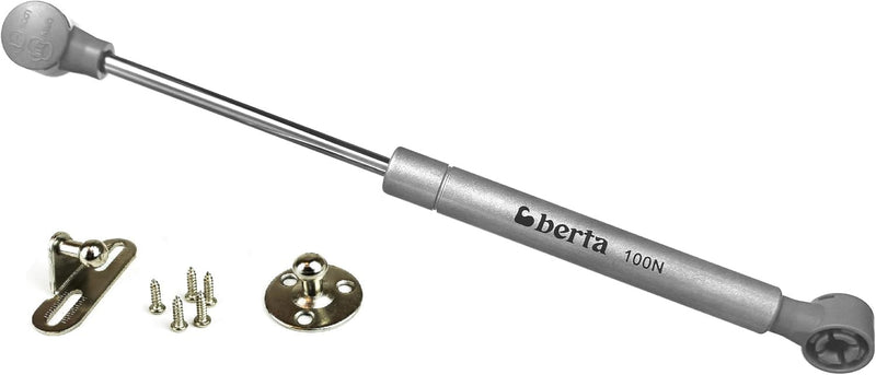 Berta 4-Pack, 10 Inch 100N/22 LB Hydraulic Soft Open Gas Springs/Struts for Cabinets, Furniture, and RV Platforms – Lift/Lid Stay Support Hinges with Brackets and Screws (Silver, 4 Piece)