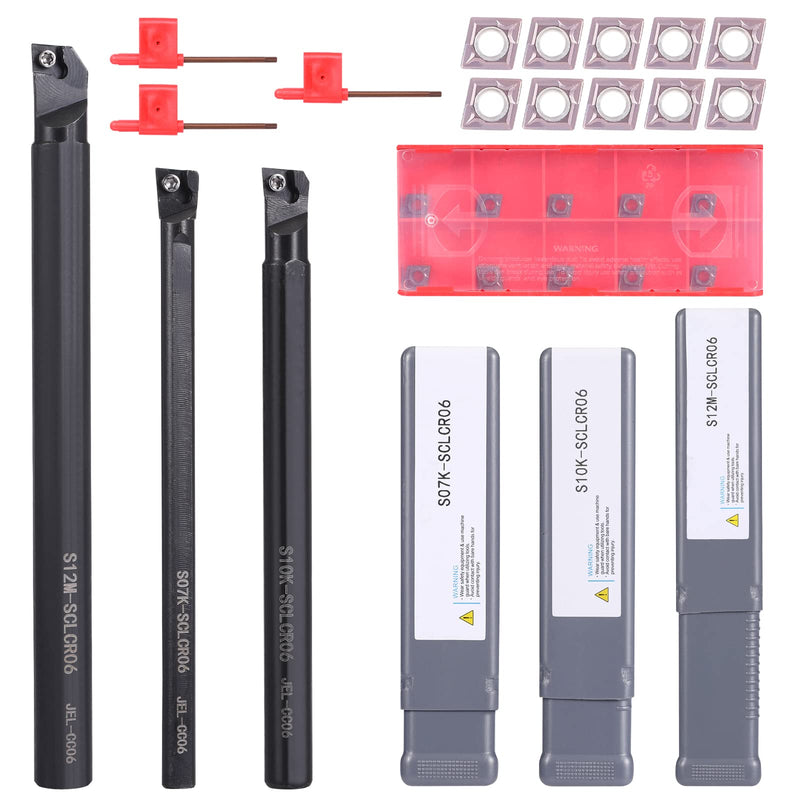 VerRich 13PCS Indexable Lathe Turning Tools Set,3 Pieces Boring Bar S07K-SCLCR06,S10K-SCLCR06,S12M-SCLCR06 Turning Tool Holder with 10pcs CCMT060204 Carbide Inserts 3PCS SCLCR06 Holders+10pcs Inserts