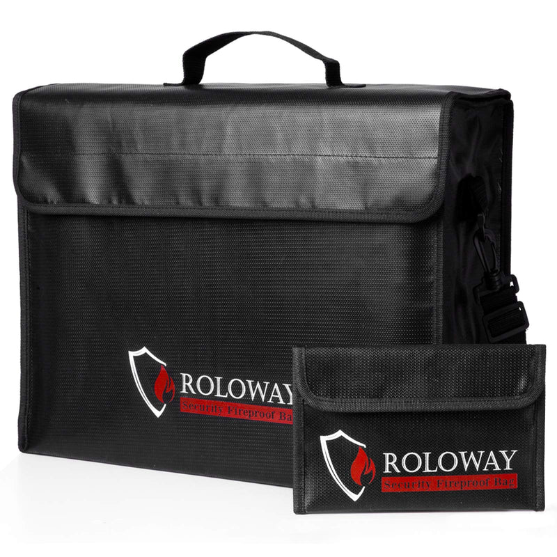 ROLOWAY Large (17 x 12 x 5.8 inches) Fireproof Bag, Water Resistant Fireproof Document Bag Safe for Money, Documents and Valuables Storage XX-Large + Small Black