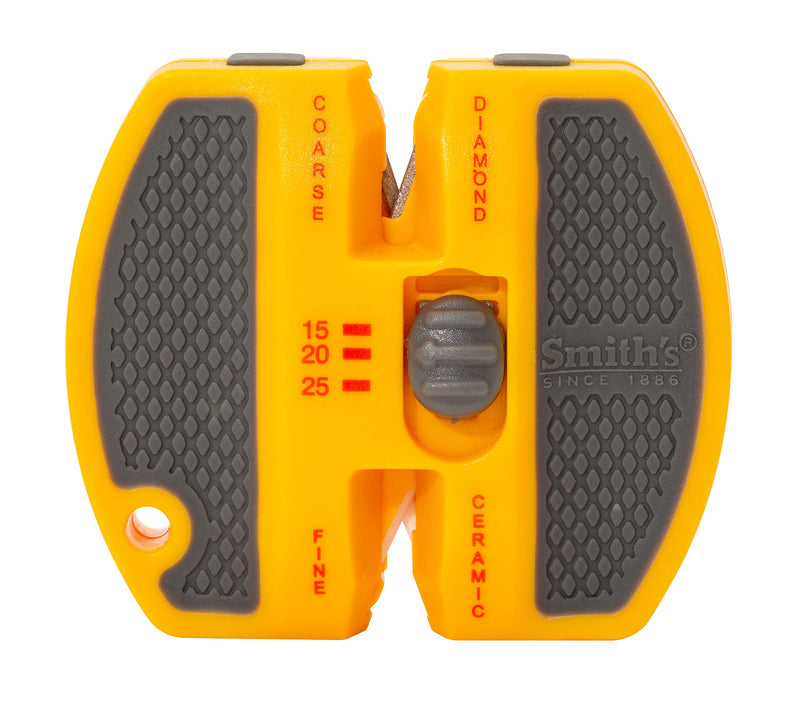 Smith’s 50917 Adjustable 2-Step Knife Sharpener – Yellow - Preset Coarse & Fine Slots - Outdoor Handheld Knife Sharpener - Fishing, Hunting, Fillet, Pocket Knives - Portable Compact Keychain Tool