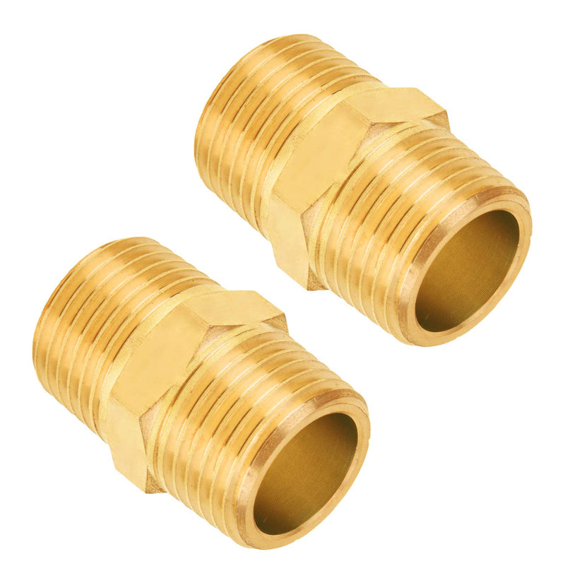 SUNGATOR Solid Brass Pipe Fitting, 1/2-Inch x 1/2-Inch NPT Male Pipe Hex Nipple, 1/2'' Male to 1/2'' Male Brass Pipe Extension Fitting, Brass Hex Nipple for Shower, Oil, Water Line,Spigot,Gas (2-Pack) 1/2" Male NPT-2 Pack