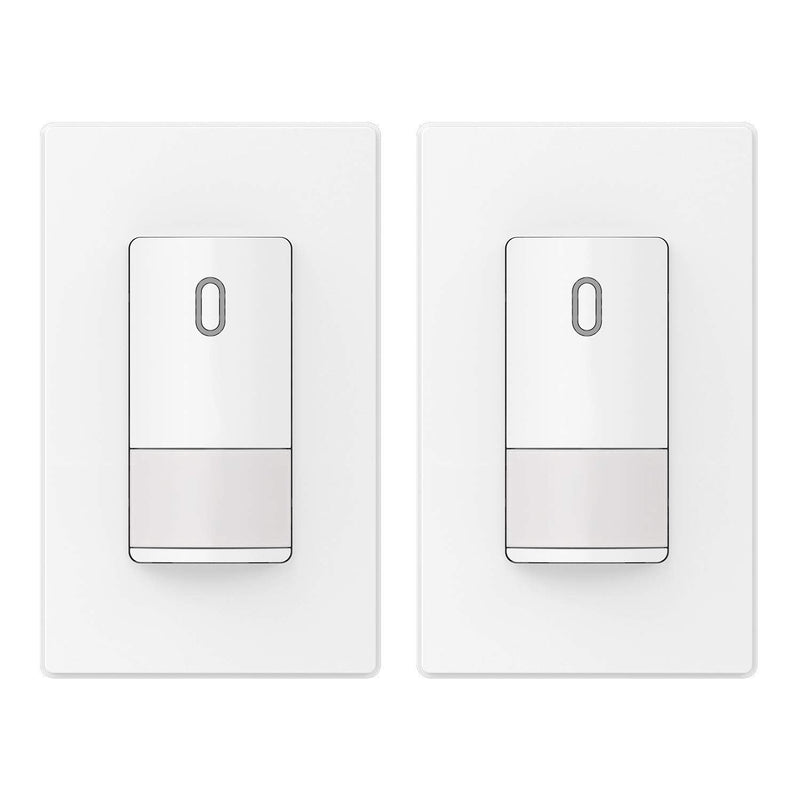 ELEGRP Single Pole Occupancy Motion Sensor Light Switch, PIR Infrared Motion Activated Switch, Need Grounding Wire, No Neutral Wire, for CFL/LED/Incandescent, with Plate, UL(2 Pack, Matte White) 2 Pack