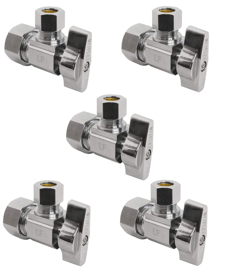 Heavy Duty 1/4 Quarter Turn Angle Shut Off Valve Squared Body 1/2 in. NOM Comp Inlet x 3/8 in. OD Compression Outlet Chrome Plated Brass (5 Pack) 5 1/2" NOM In x 3/8" COMP Out