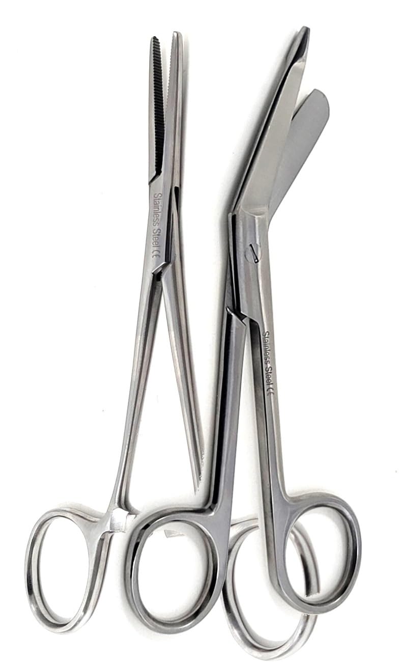 Set of 2 Pieces Bandage Scissors 5.5" and Straight Hemostat 5.5" Made of Premium Quality Stainless Steel (Silver) Silver