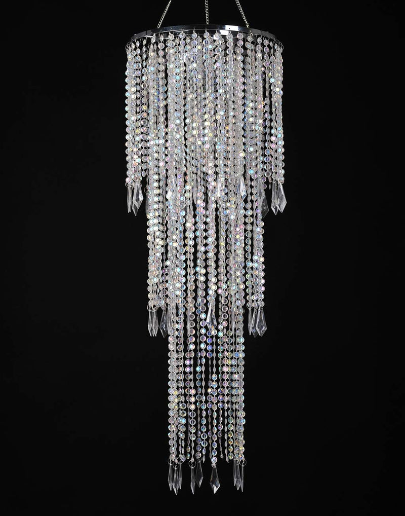 FlavorThings Sparkling Iridescent Acrylic Beaded Hanging Chandelier (W10.25"H30”)，3 Tiers Beads Pendant Shade, Ceiling Chandelier Lampshade with Acrylic Jewel Droplets, Beaded Lampshade H30