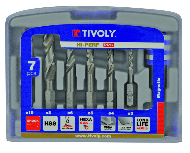 TIVOLY - Compact Set of 6 HSS One-Extra Short Metal Drill Bits Ø1/8" to 3/8" + 1 Quick Change Bit Holder - High-Performance Drills for Resistant Steel - Hex Shank- Designed for Tubing and Sheet Metal