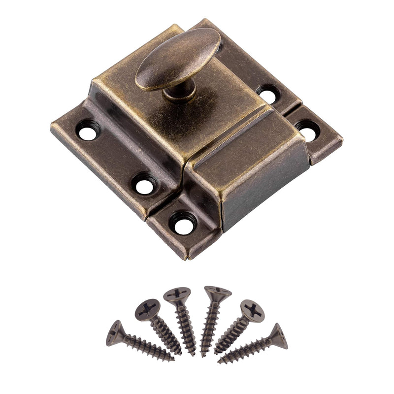 Small Stamped Antique Brass Cabinet Door Latch - 1 7/8" × 1 7/8" - Pack of 6 - Spring Loaded Cupboard Door Latch with Oval Turn - Vintage Cabinet Hardware | UA-141-LAB (6)