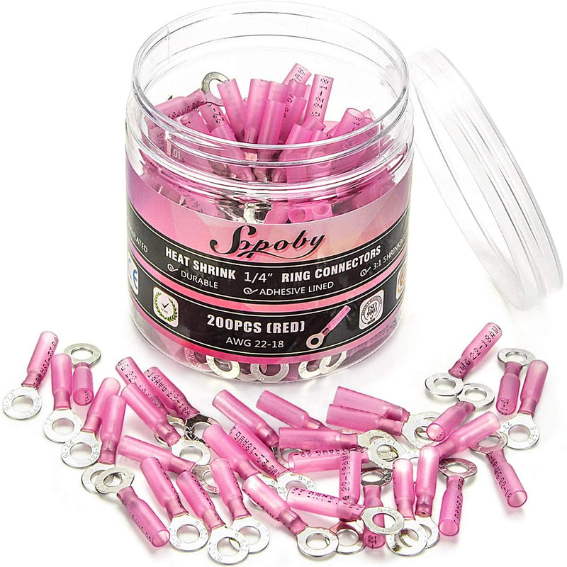 200PCS Heat Shrink Crimp Ring Connectors 1/4" Red 22-18 AWG - Heat Shrink Wire Connectors Electrical Connectors - Automotive Marine Ring Terminals by Sopoby 200 Ring Connectors 1/4"
