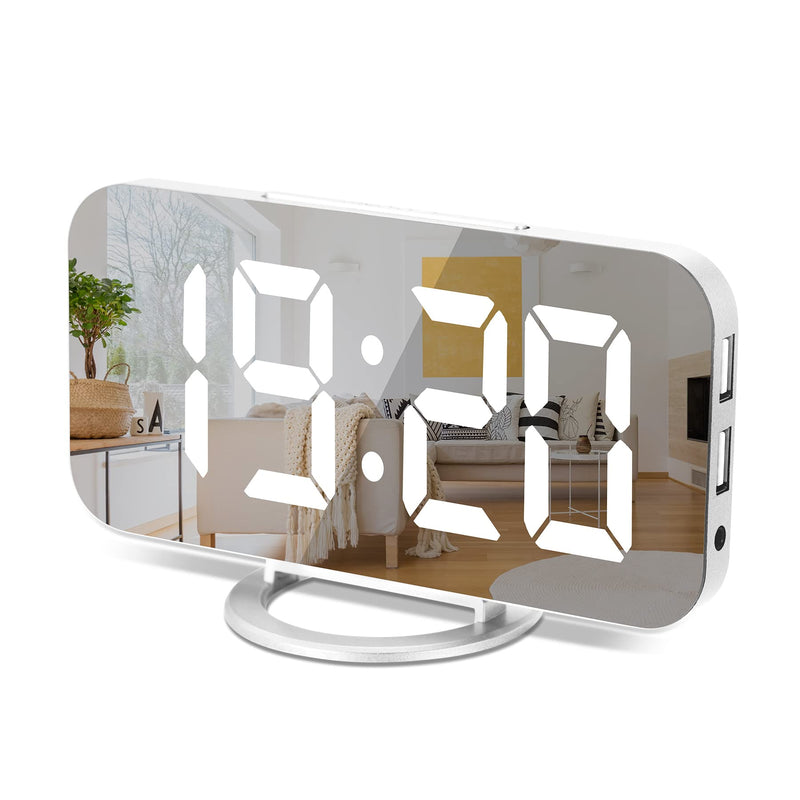 Sukeen Digital Alarm Clock,6" Large LED Display with Dual USB Charger Ports | Auto Dimmer Mode | Easy Snooze Function, Modern Mirror Desk Wall Clock for Bedroom Home Office for All People (White) White