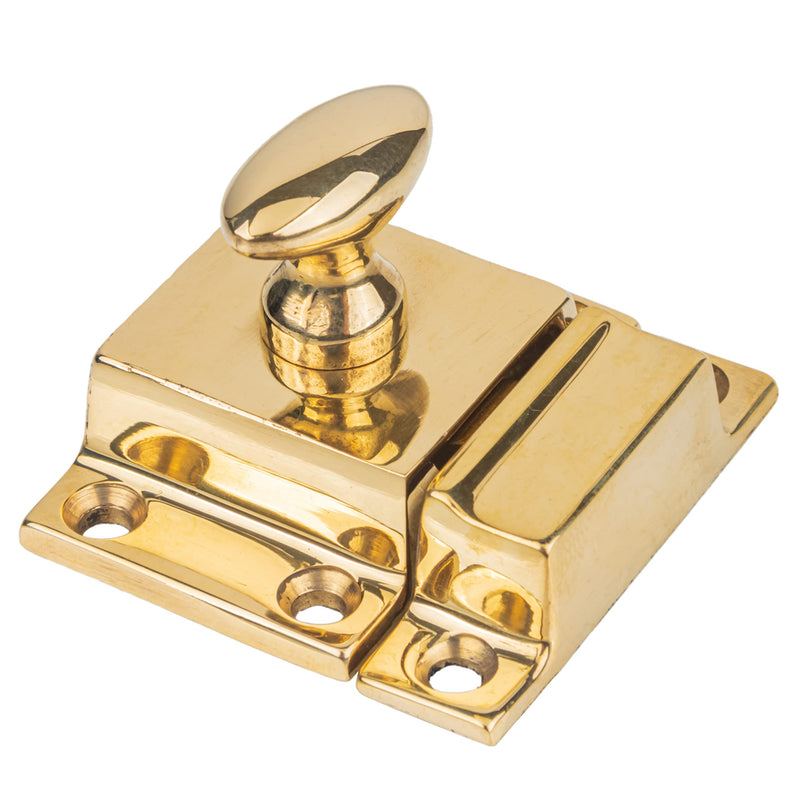 Small Heavy Duty Solid Brass Cabinet Door Latch - 1-3/4" × 1-3/4" - Spring Loaded Cupboard Door Latch with Oval Turn - Vintage Cabinet Hardware | UA-101-LPB