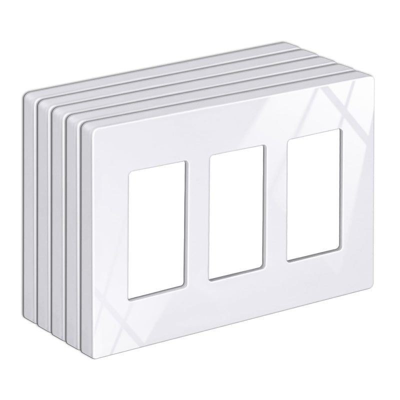BESTTEN 5 Pack Screwless Decorative Wall Plate, 3-Gang Decorator Outlet Cover, Decor Switch Cover, USWP6 Gloss Snow White, H4.69” x W6.54”, Wallplate for Dimmer, GFCI, USB Receptacle 3 Gang 5PK