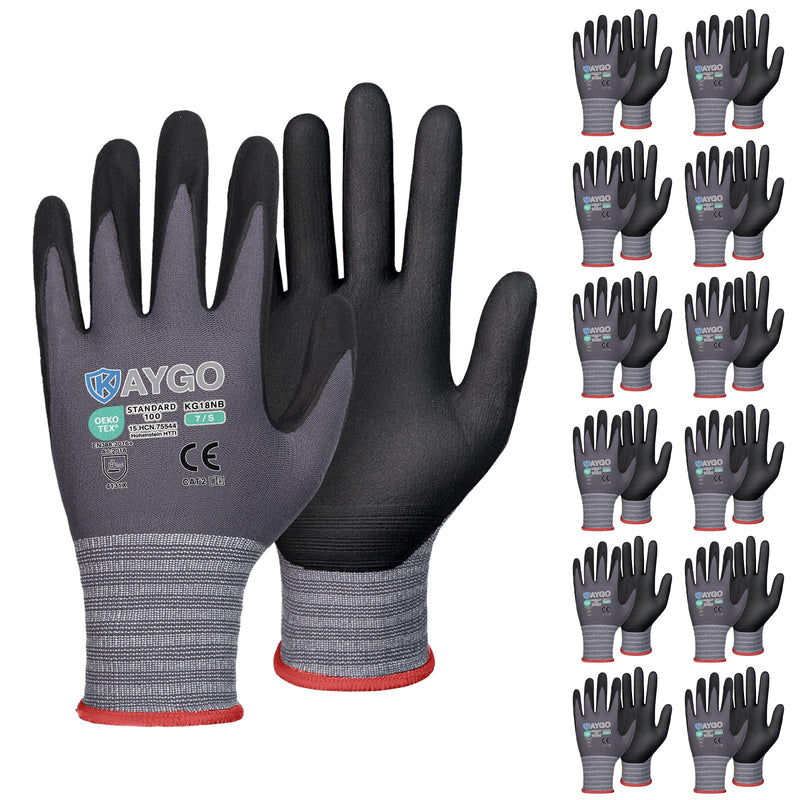 KAYGO Safety Work Gloves MicroFoam Nitrile Coated, 12 Pairs KG18NB,Seamless Knit Nylon Glove for Men and Women, Ideal for Automotive,Warehouse,Construction (Small,Gray) Gray Small (Pack of 12)