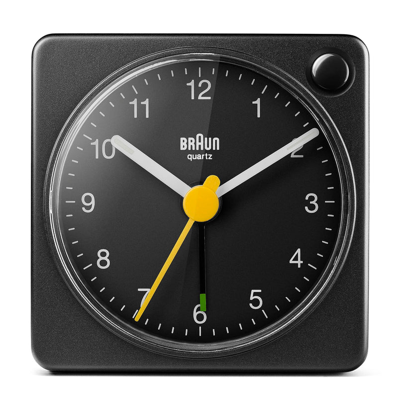 Braun Classic Travel Analogue Alarm Clock with Snooze and Light, Compact Size, Quiet Quartz Movement, Crescendo Beep Alarm in Black, Model BC02XB. 1 Pack
