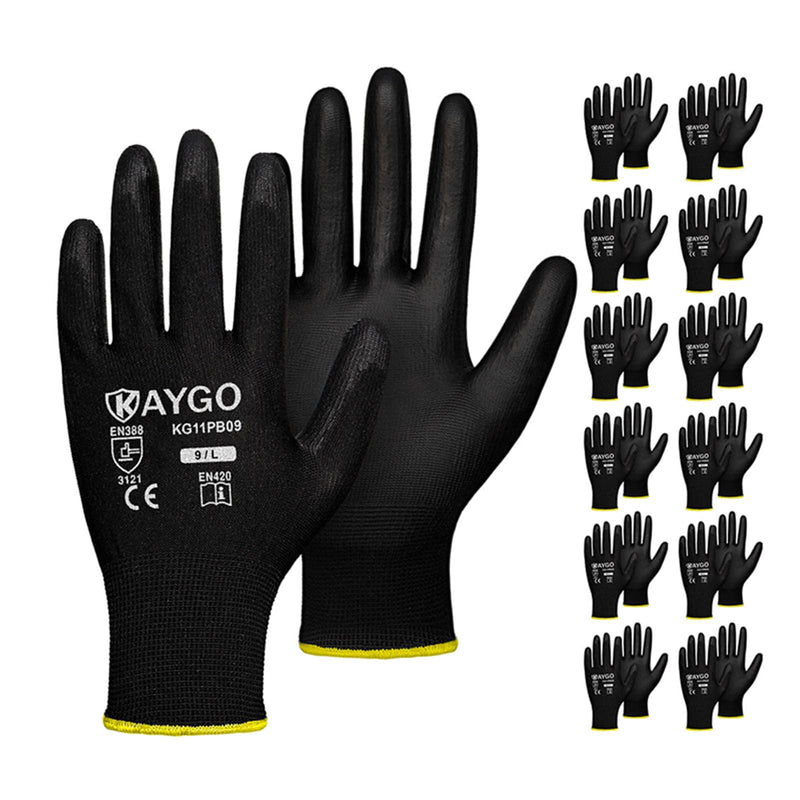 KAYGO Safety Work Gloves PU Coated,12 Pairs KG11PB Seamless Knit Glove for Men and Women, with Smooth Grip on Palm and Fingers, Ideal for General Duty Work (Large, Black) Large (Pack of 12)