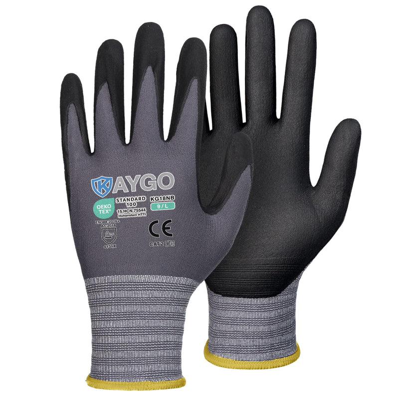 KAYGO Safety Work Gloves MicroFoam Nitrile Coated, 3 Pairs KG18NB,Seamless Knit Nylon Glove for Men and Women, Ideal for Automotive,Warehouse,Construction (Large,Gray) Grey Large (Pack of 3)