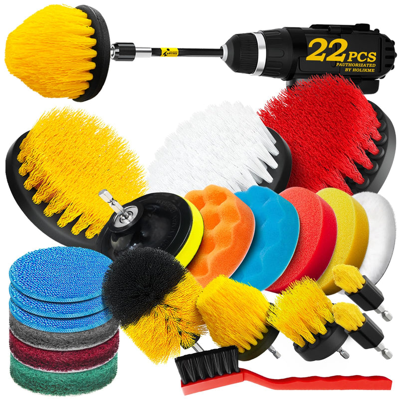 Holikme 22Pack Drill Brush Attachments Set,Scrub Pads & Sponge, Buffing Pads,Power Scrubber Brush,Car Polishing Pad Kit,Wax Applicator Pad,Car Cleaning Kit,Masonry Brushes,Cleaning Supplies Yellow