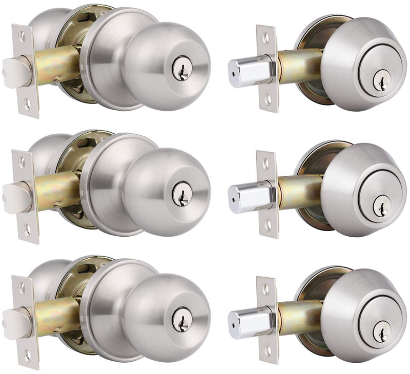 home improvement direct 3 Pack Keyed Alike Entry Door Knobs and Single Cylinder Deadbolt Lock Combo Set Security for Entrance and Front Door with Classic Satin Nickel Finish Satin Nickle