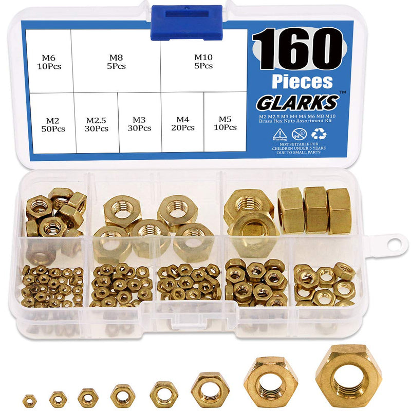 Glarks 160Pcs Metric M2 M2.5 M3 M4 M5 M6 M8 M10 High Strength Brass Hex Nuts Assortment Kit