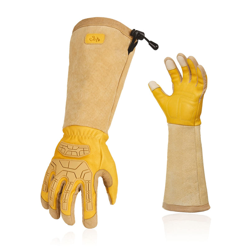 Vgo... Men's Extra-Long Leather Gardening Gloves, Gauntlet with Adjustable Cuff, Puncture & Thorn Proof, Touchscreen (CA9659) Men's Large 1 Pair - Yellow