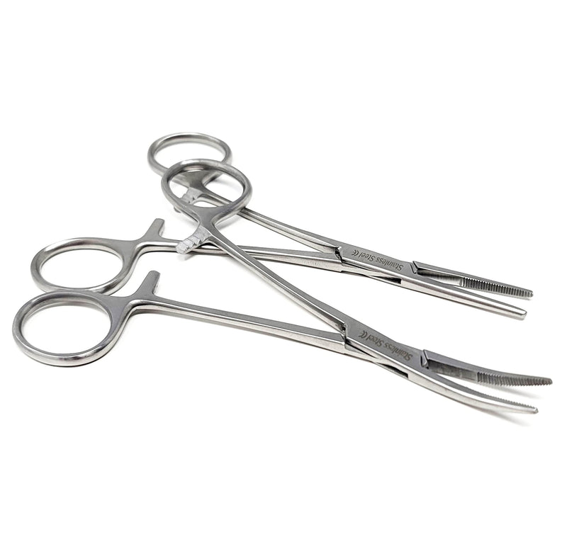 Set of 2 Pcs 5.5" Straight & Curved Kelly Hemostat Forceps Locking Clamps Premium Quality Stainless Steel Set-with Half Serrated Jaws (Silver) Silver