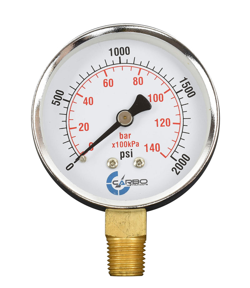 2-1/2" Pressure Gauge, Chrome Plated Steel Case, Dry, 0-2000 psi/kPa, Lower Mount 1/4" NPT