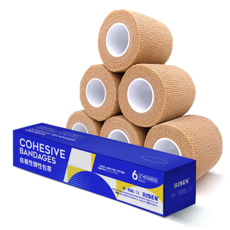 RISEN Cohesive Bandage 2” x 5 Yards, 6 Rolls, Self Adherent Wrap Medical Tape, Adhesive Flexible Breathable First Aid Gauze Ideal for Stretch Athletic Tan 6 Count (Pack of 1)
