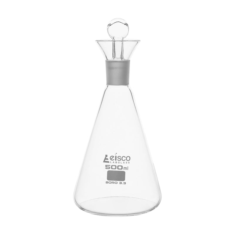 EISCO Iodine Flask & Stopper, 500ml - 24/29 Socket Size, Interchangeable Stopper - Conical Shape - Borosilicate Glass