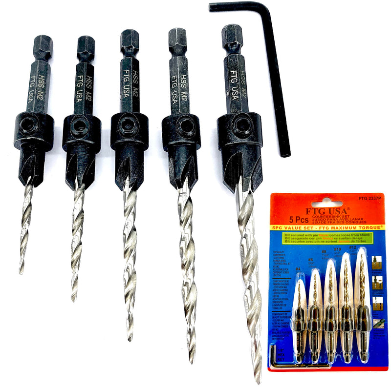 Adjustable Wood Countersink Drill Bit Set 5 Pc #4#6#8#10#12 Tapered Drill Bit for Woodworking w/o Depth Stop