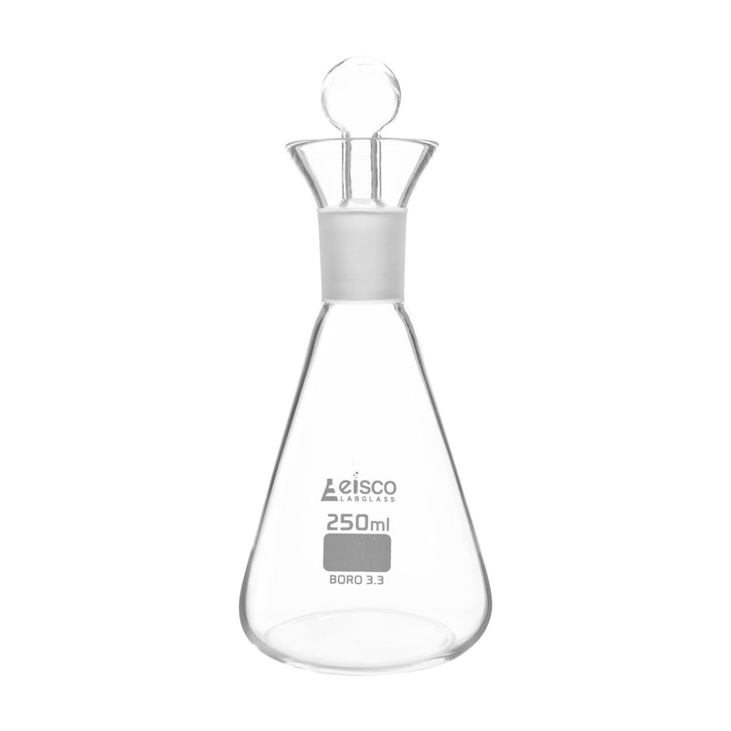 EISCO Iodine Flask & Stopper, 250ml - 29/32 Socket Size, Interchangeable Stopper - Conical Shape - Borosilicate Glass