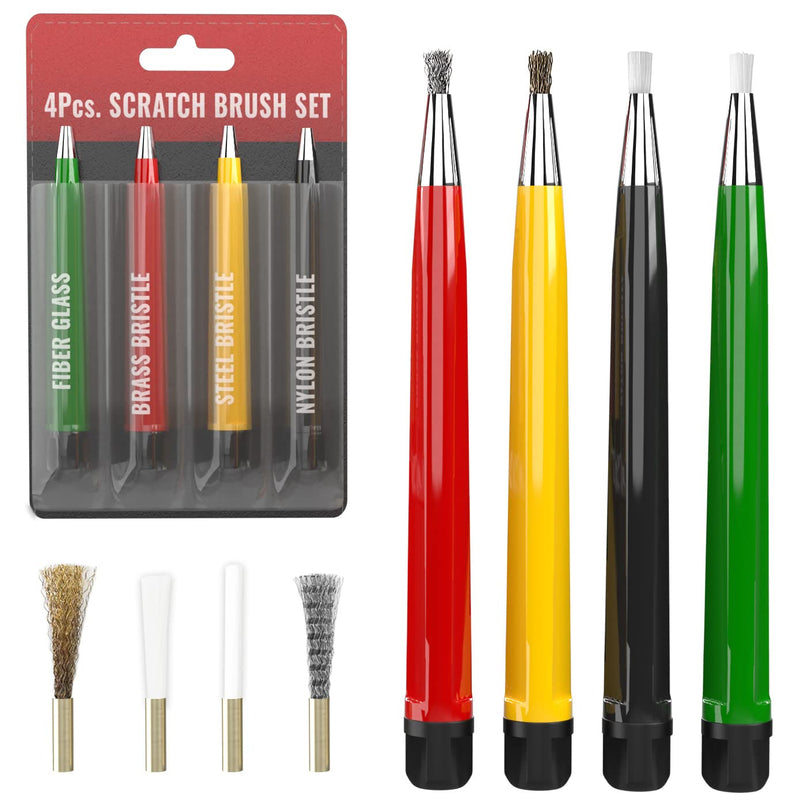 Pixiss Scratch Brush Pen Set With Replacement Tips, Fiberglass, Steel, Brass, Nylon, 5-inches Pen Style Prep Sanding Brush 4-Pack For Corrosion, Rust, Jewelry, Circuit Boards and Auto Body Work