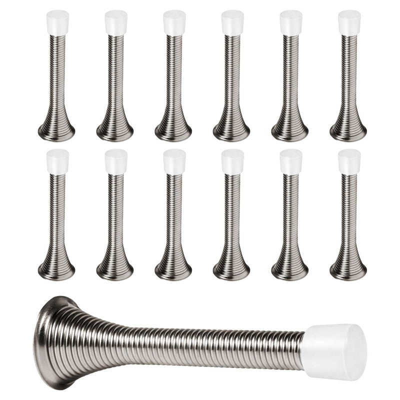 12 Pack Spring Door Stops 3 1/4" Flexible Heavy Duty Spring Door Stopper with RustProof Screw Rubber Bumper Tips (Satin Nickel) Satin Nickel 12 Pack
