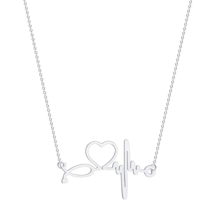 Eiffy Stainless Steel Stethoscope ECG Heartbeat Choker Necklace for Women Love Heart Hypoallergenic Necklaces Pendants Medical Nurse Doctor Gifts Silver