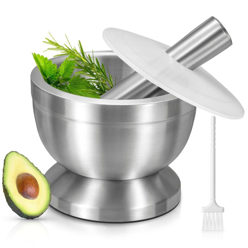 Mortar and Pestle, Sopito 18/8 Stainless Steel Spice Grinder Pill Crusher with Lid for Crushing Grinding Ergonomic Design with Anti Slip Base and Comfy Grip