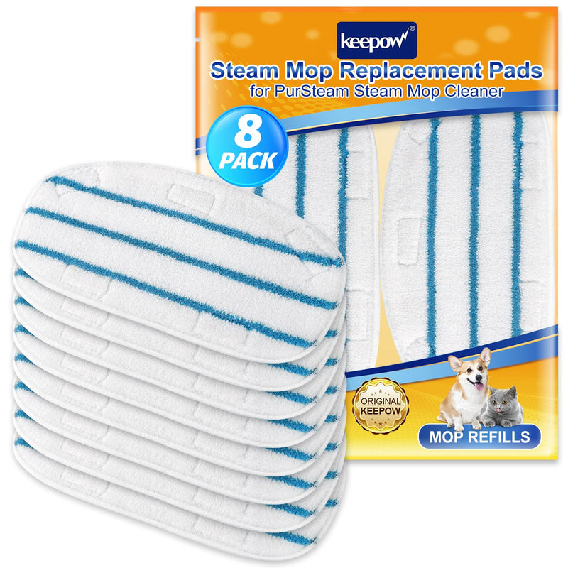 KEEPOW Steam Mop Pads Compatible with PurSteam Steam Mop Cleaner 10 in 1/ThermaPro 211, Reusable Microfiber Pur Steam Replacement Steamer Mop Pads Whole House Multipurpose Use (8 Pack) White/Blue