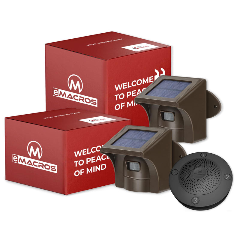 eMACROS Long Range Solar Wireless Driveway Alarm Outdoor Weather Resistant Motion Sensor & Detector-Security Alert System-Monitor & Protect Outside Property 1 receiver and 2 sensors