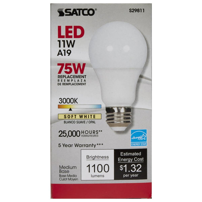 Satco S29811 11 Watt A19 LED Dimmable Frosted Light Bulbs - 3000K Soft White - E26 Medium Base - 1100 Lumens - 220 Degree Beam Angle - 120 Volts - Damp Location (6 Pack)