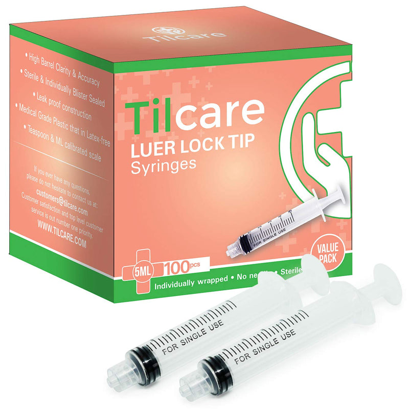 5ml Syringe Without Needle Luer Lock 100 Pack by Tilcare - Sterile Plastic Medicine Droppers for Children, Pets or Adults – Latex-Free Oral Medication Dispenser - Syringes for Glue and Epoxy