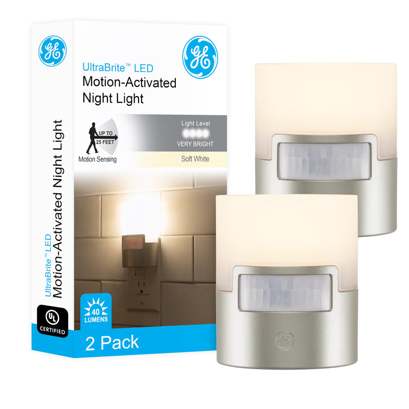 GE LED Motion Sensor Night Light, Plug into wall, 40 Lumens, Soft White, UL-Certified, Energy Efficient, Ideal Nightlight for Bedroom, Bathroom, Kitchen, Hallway, 46633, Silver, 2 Pack Silver 40 Lumens