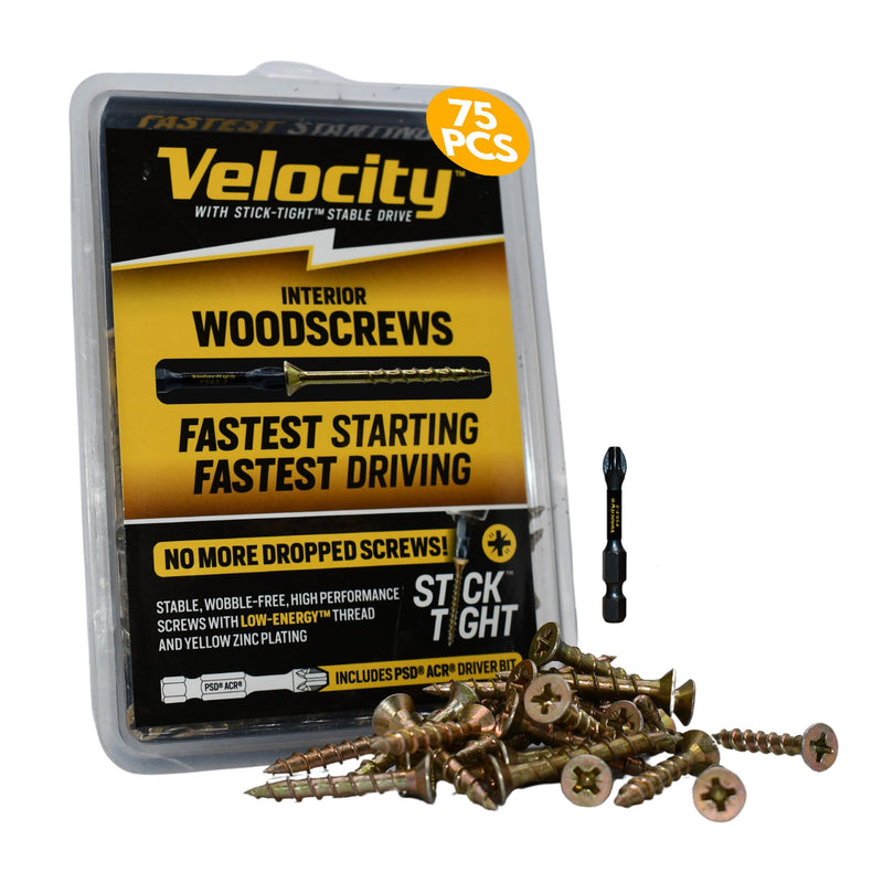 Velocity Interior 2 Inch Wood Screws DIY Pack (Size #8, 75 Pcs) – Zinc and Yellow Coating, Stick-Tight Technology, Screw for Wood Working with PSD ACR Driver Bit #8 x 2" Small Pack