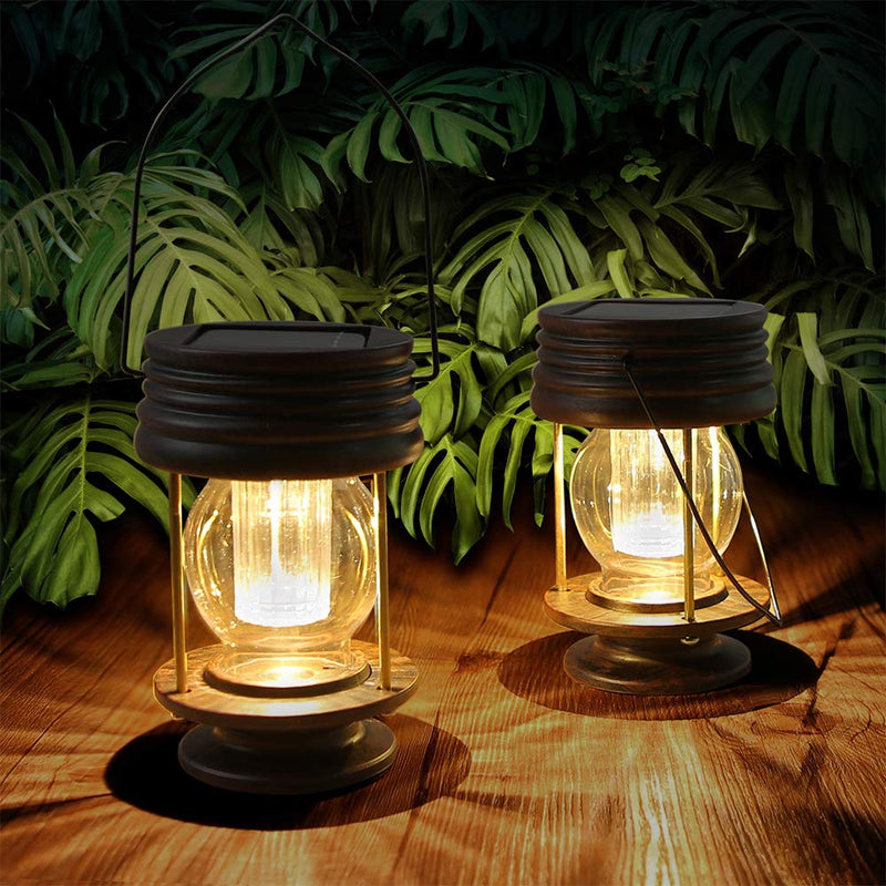 pearlstar Solar Lantern Outdoor Waterproof Hanging Solar Garden Lights - 2 Pack Solar Powered Landscape Christmas Lanterns with Retro Design for Patio, Yard, Garden and Pathway Decor (Warm Light) 5.5''