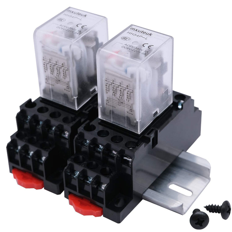 mxuteuk 2pcs HH54P AC 110V/120V Coil 14 Pin 3A 4PDT LED Indicator Electromagnetic Power Relay, with Base, with DIN Rail Slotted Aluminum 14Pin-3A