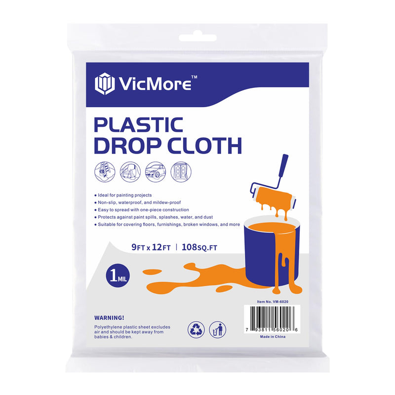 VicMore Clear Plastic Drop Cloth - Water & Dustproof, Odorless Plastic Sheet for Painting, Renovations, DIY Projects - Durable Paint Tarp with 1mil Thickness - Floor Covering & Dust Cover - 9 x 12’ 9FT x 12FT